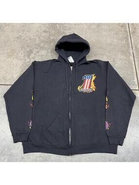 vintage harley davidson flame sleeve faded black zip up hoodie size large